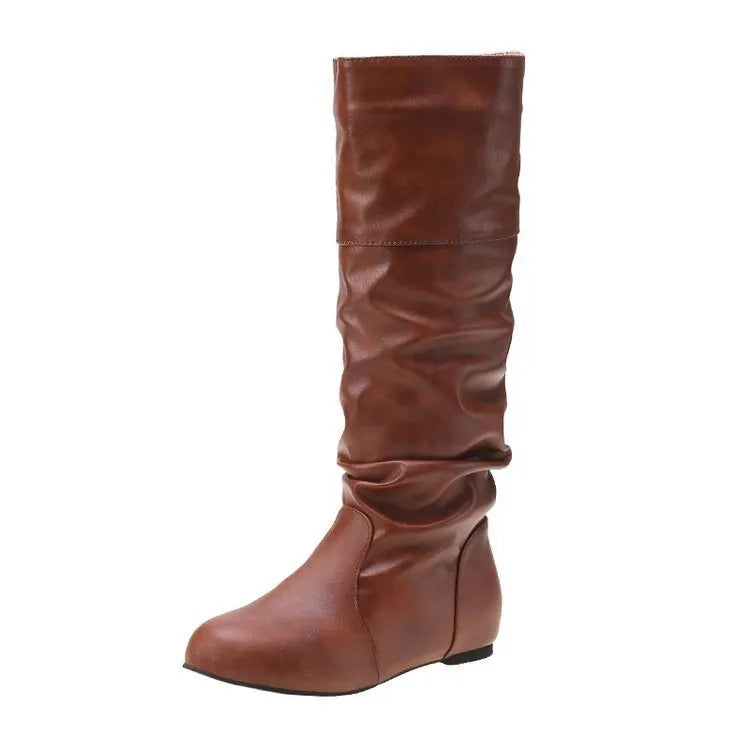 Women's black slip-on flat ankle boots with high shaft and round toe