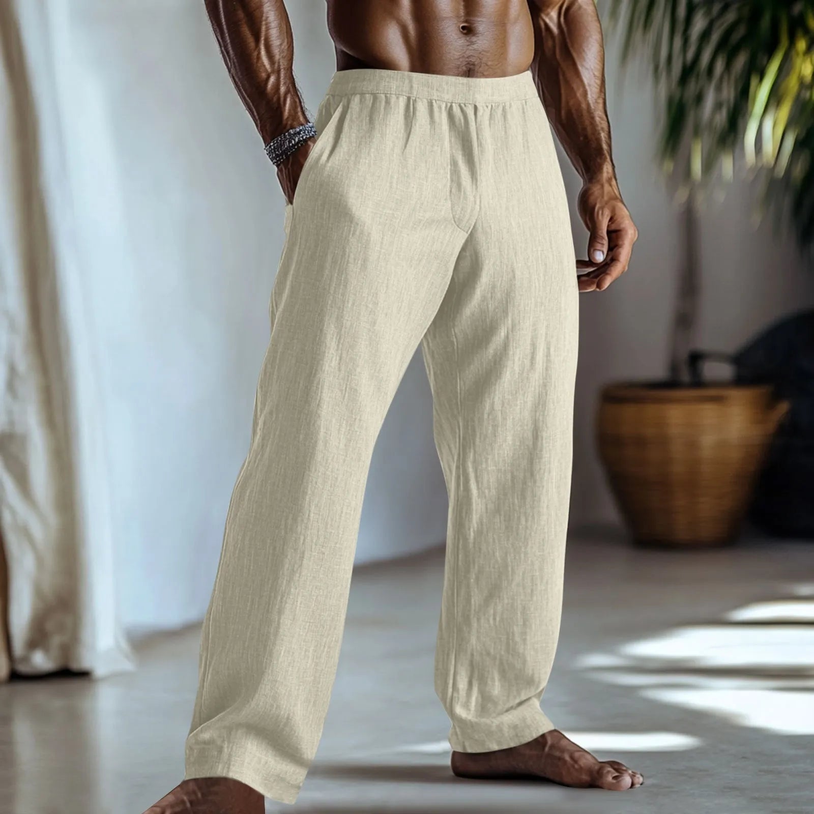 Cotton and linen straight-leg casual trousers with side pockets in light green colour