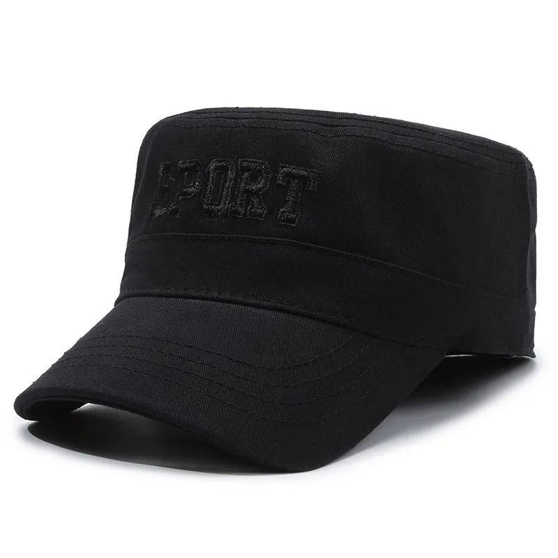 Men's cotton flat-top peaked cap in adjustable size with dome crown