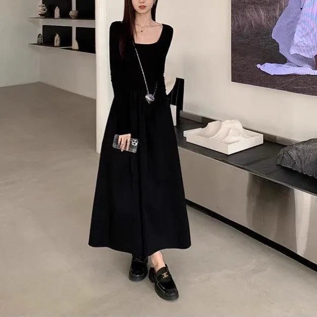 Women's square collar knitted dress with elastic waist and A-line long skirt in black or grey