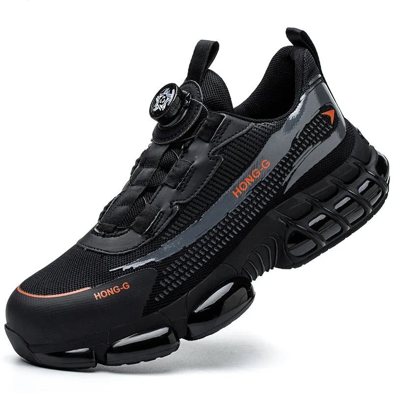 Low-top Flyknit safety work shoes with front lacing and a steel toe cap in black grey colour.