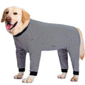 Striped four-legged dog shirt on a large breed dog, shown in sky blue, black dark blue stripe, or brown.
