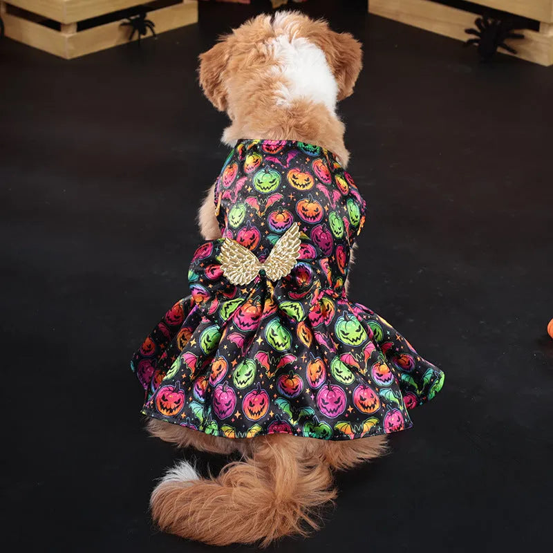 Halloween dog costume with angel wings in bright pumpkin orange or bat pattern colours