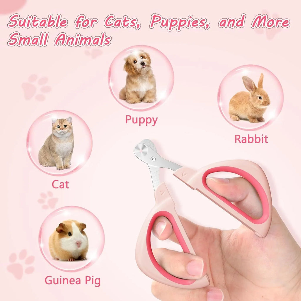 Blue pet nail clipper with a round positioning hole and textured handle on a white background.