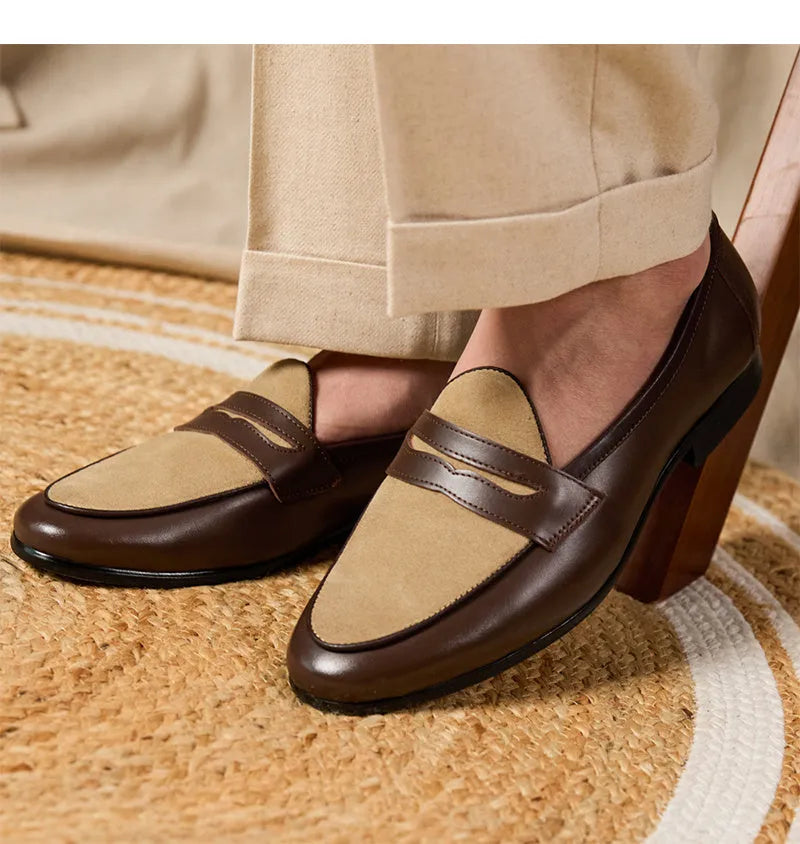Coffee grey suede leather British-style loafers with one foot kick closure