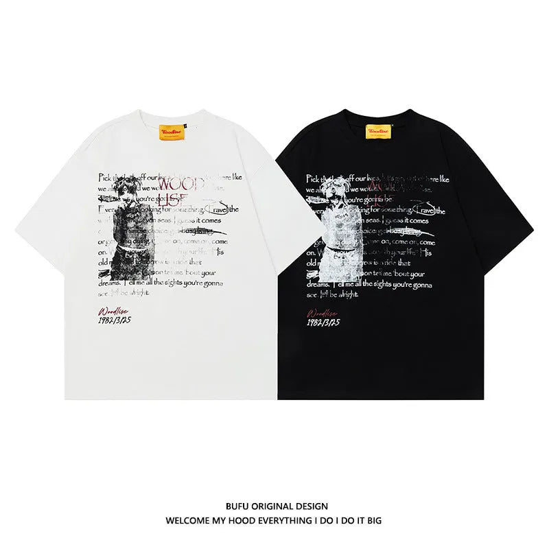 Men's black retro hip hop T-shirt with white letter printing and raglan sleeves