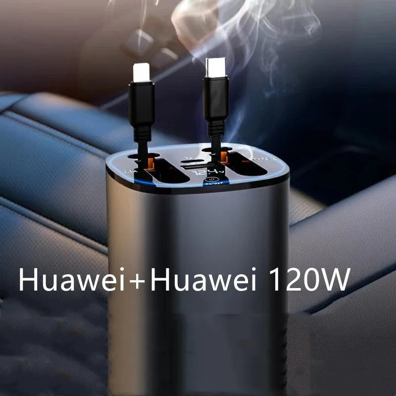 Automatic retractable car charger with four USB ports for fast charging in vehicle
