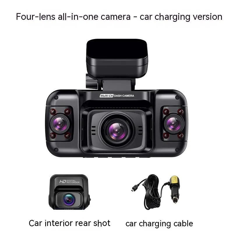 Compact black plastic car dash cam with four lenses and a 2-inch screen for GPS logging and parking surveillance.