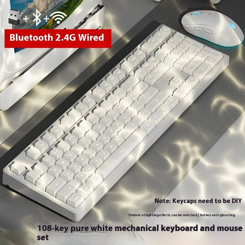Triple-mode mechanical keyboard in various colour options showing 87-key and 108-key layouts