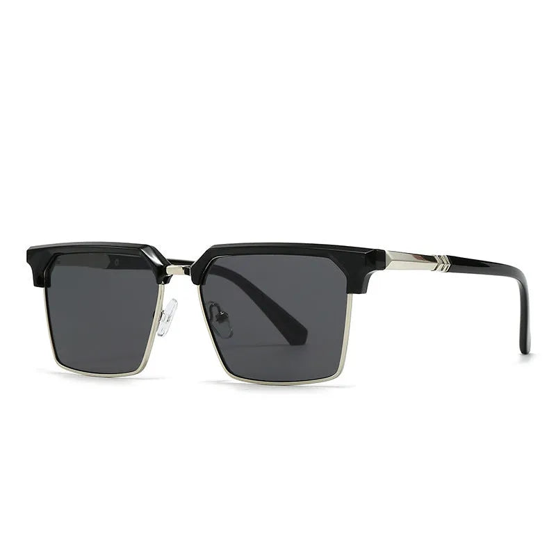 Men's square sunglasses with plastic frame in six colour options showing box-style design