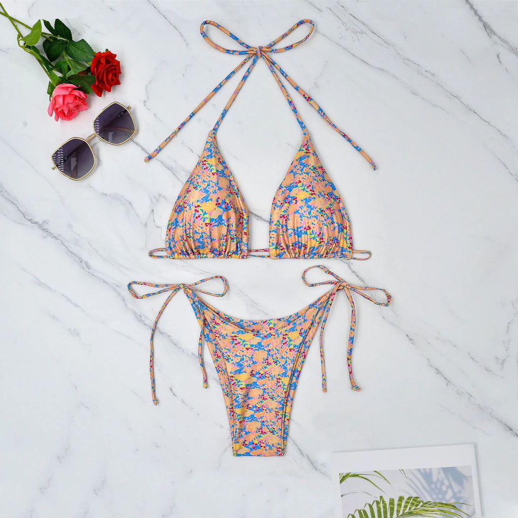 Lace-up bikini swimsuit with backless design and briefs cut for swimming sports