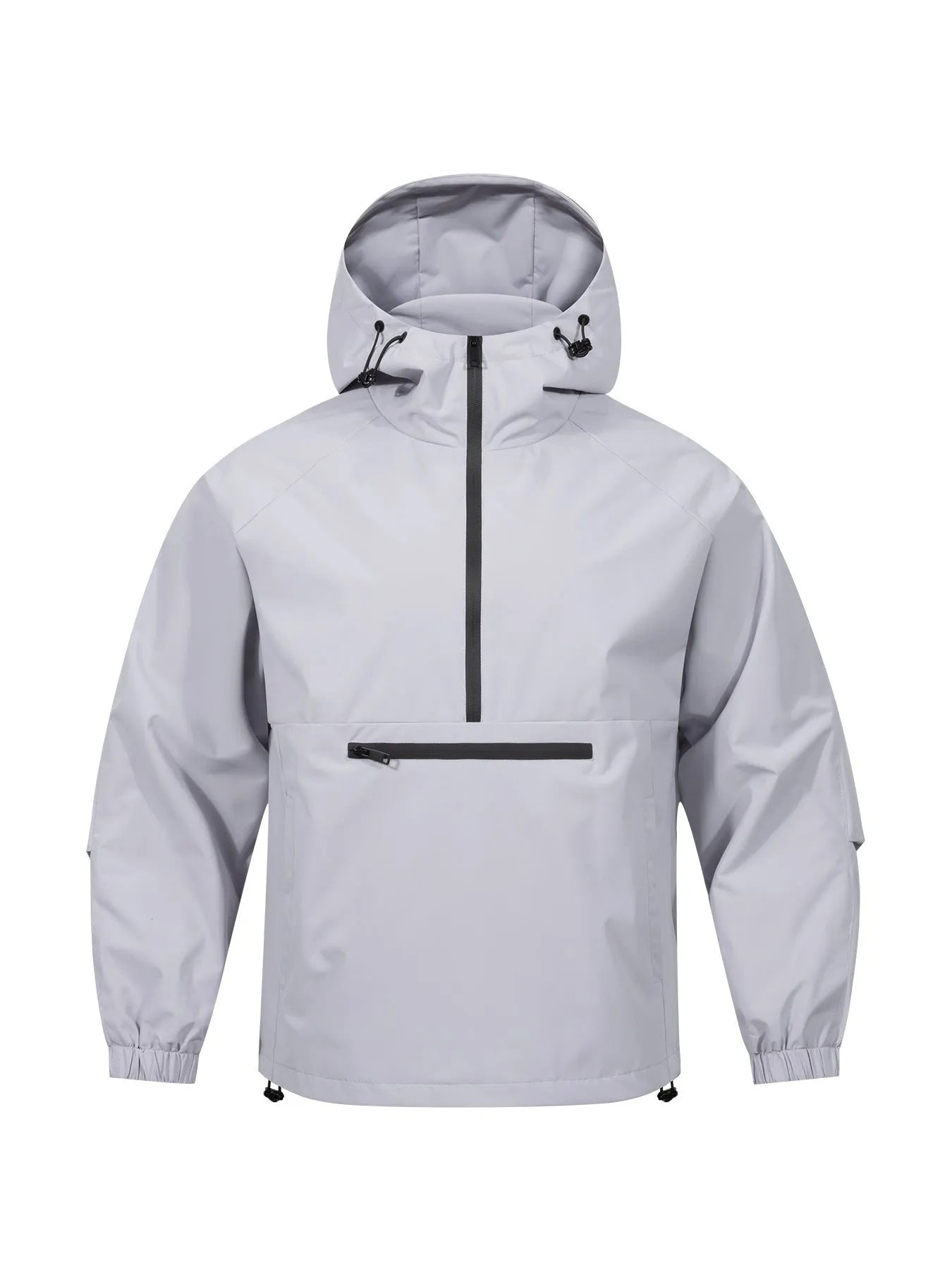 Men's light grey loose half-zip hooded corduroy jacket on a hanger