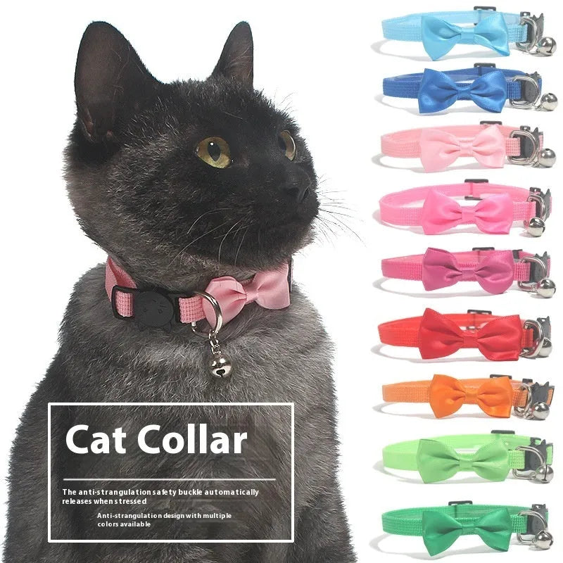 Multi-colour striped nylon bow collar for cats with bell decoration in adjustable design