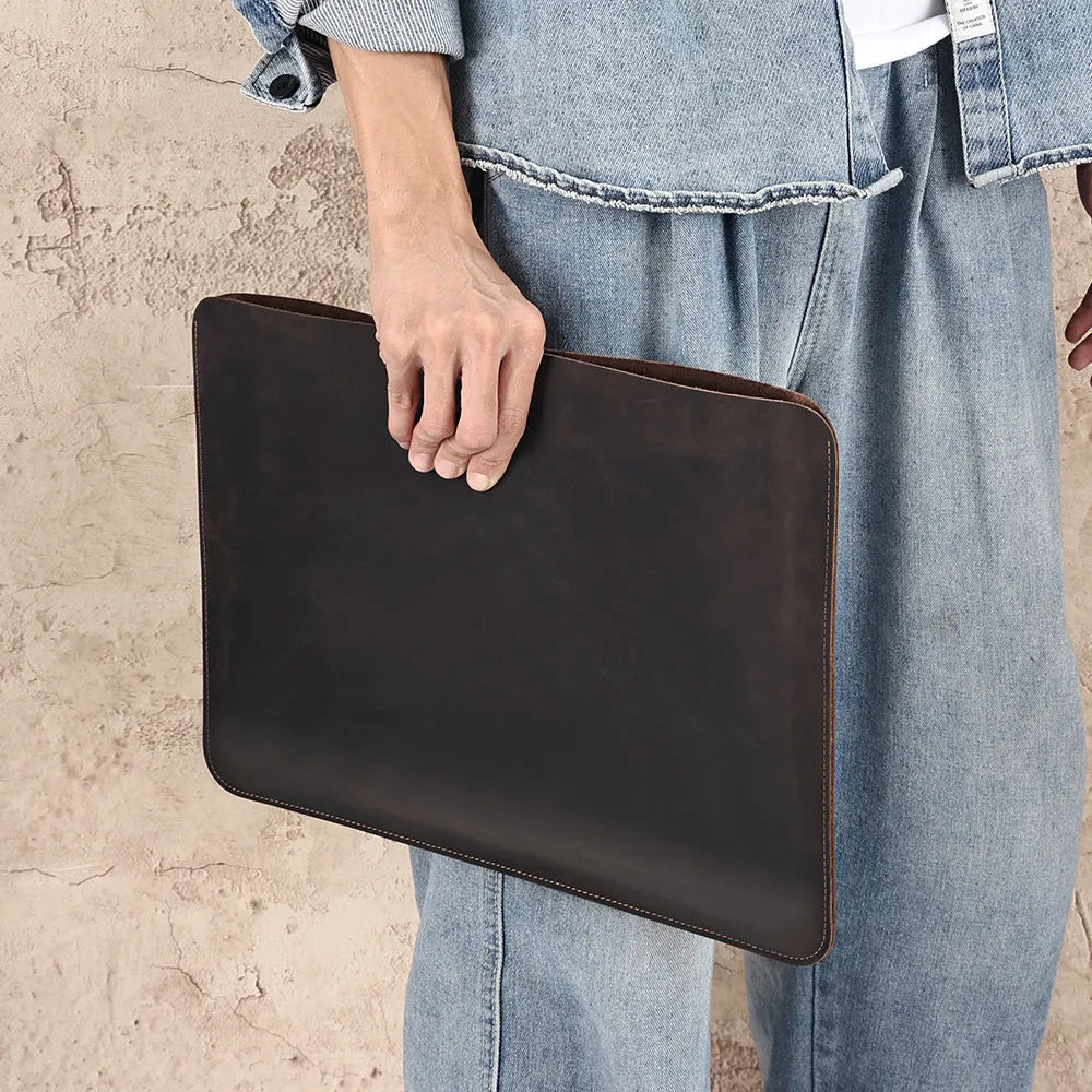 Genuine crazy horse leather computer organiser liner bag for men in brown, showing medium and large size options.