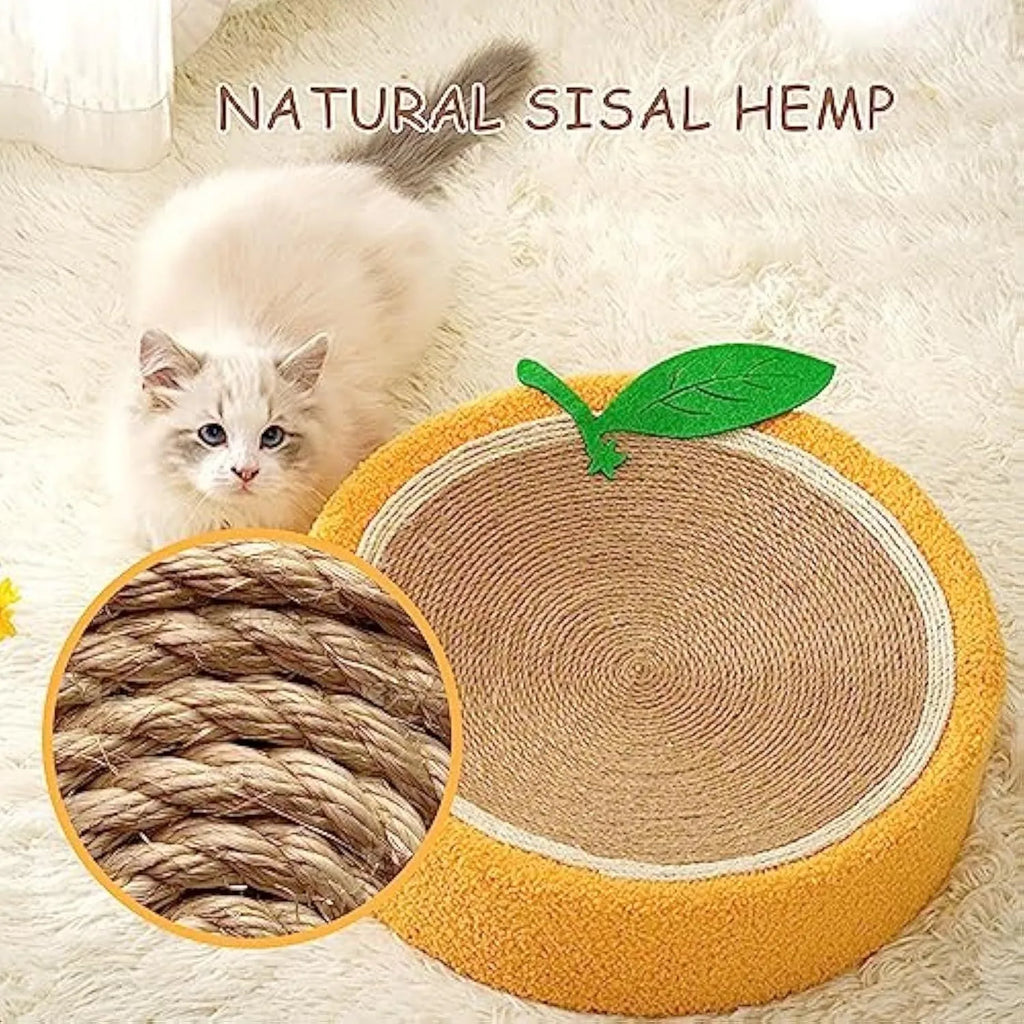 Yellow round cat scratching board with sisal surface and slightly concave centre for sleeping