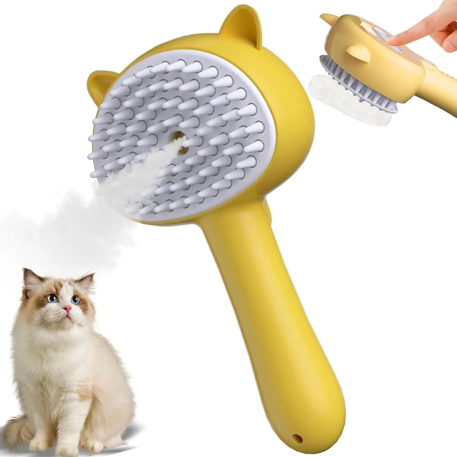 Cat ear-shaped steam brush with soft rubber bristles and release button in blue colour