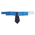 Adjustable denim dog collar with blue star pattern necktie fastened on a pet.