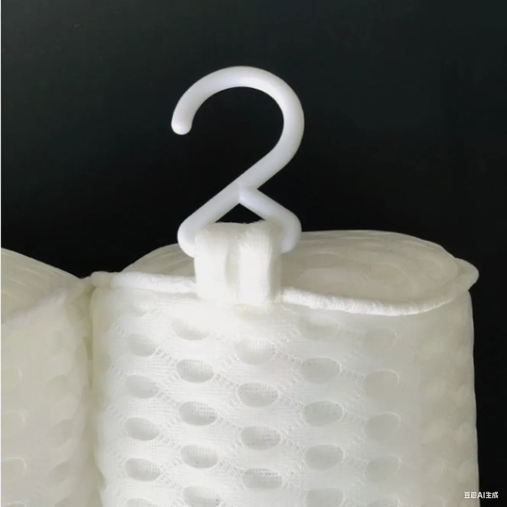White 3D mesh bathtub pillow with seven suction cups showing dimensions 37x34x10cm