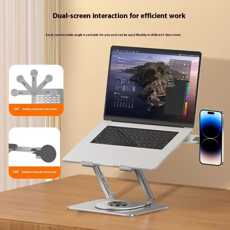 Silver carbon steel laptop stand with side-mounted magnetic phone holder rotated for viewing