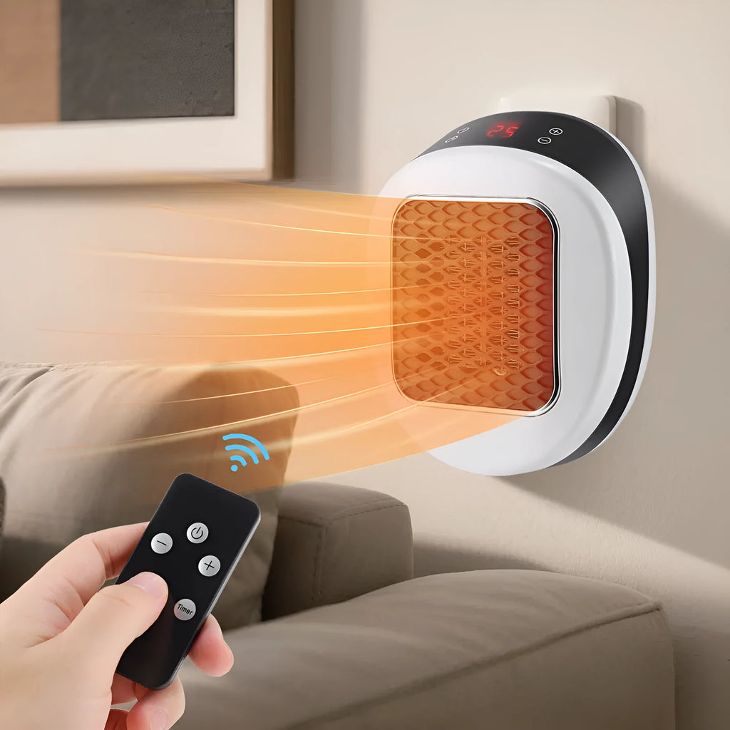White ceramic heating electric heater with digital display and remote control on a table.