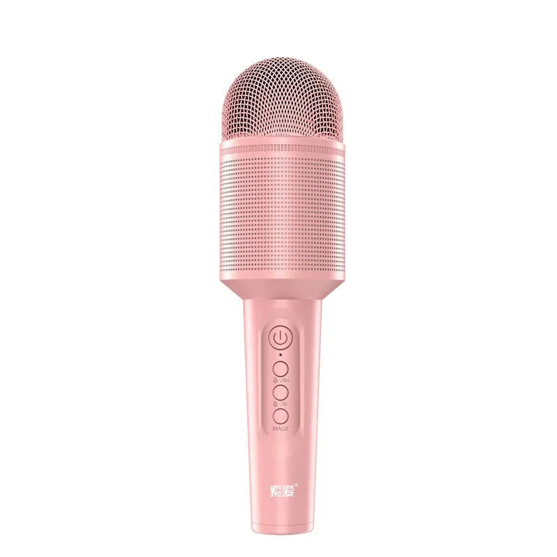 Wireless Bluetooth karaoke microphone in pink, blue, or green colours with USB connection