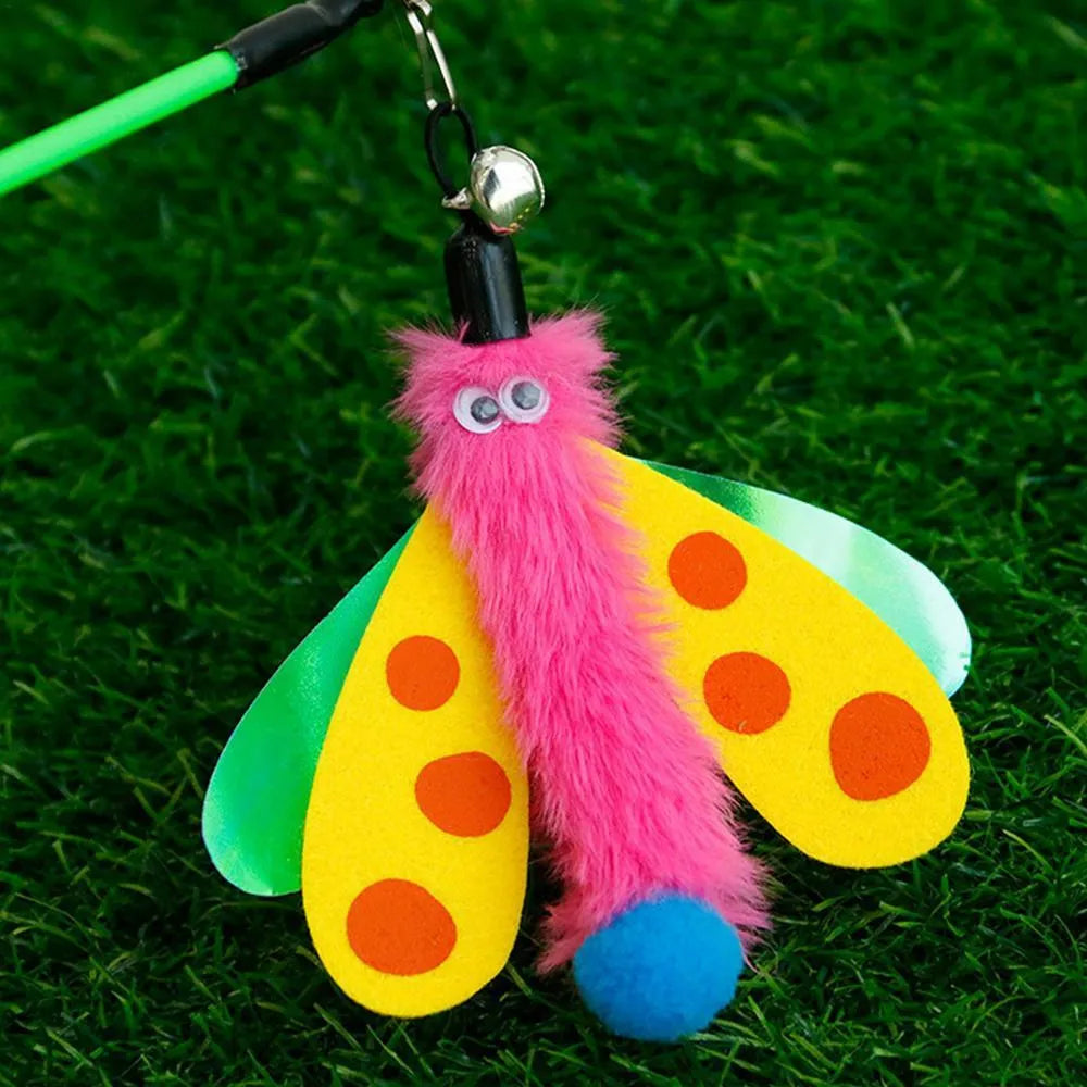 Blue, yellow, and pink dragonfly cat wand toy with bell on a long plastic stick.
