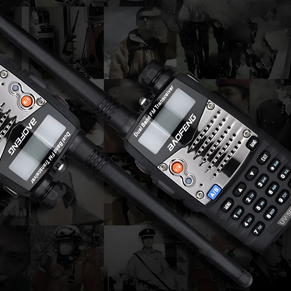 Baofeng UV-5RA dual band handheld walkie-talkie with display, shown in available colour variants.