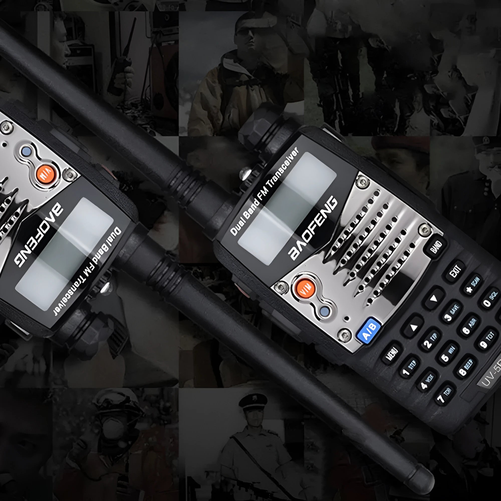 Baofeng UV-5RA dual band handheld walkie-talkie with display, shown in available colour variants.
