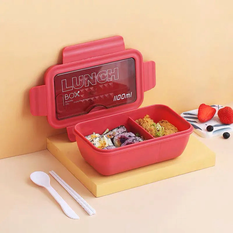 Four-layer partitioned plastic bento box in Nordic style with green, red, and yellow colour options