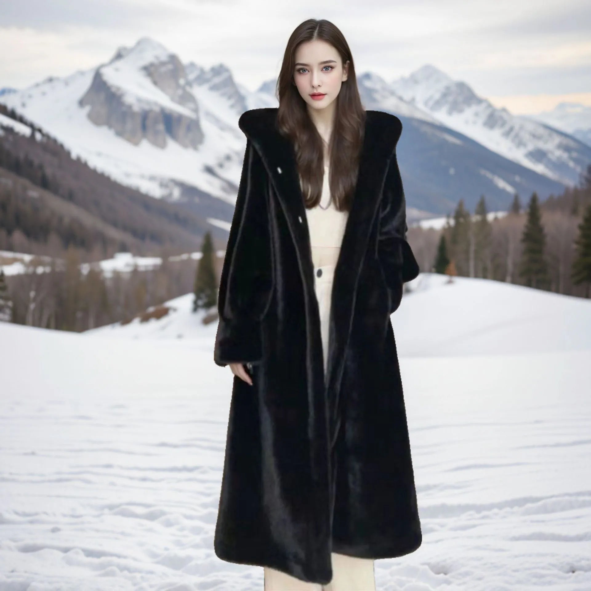 Women's plus size long faux fur coat in brown leopard print colour with 100cm length