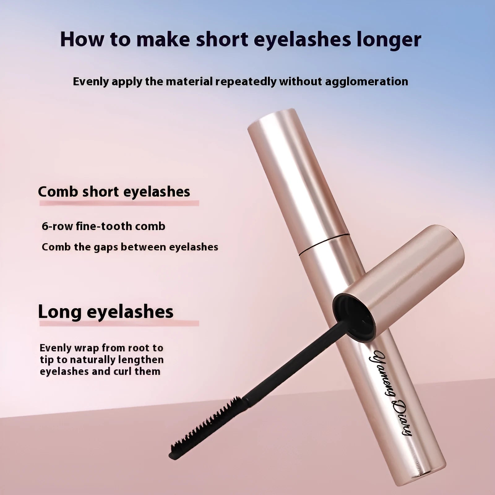 Long curling mascara tube in black and brown colour options for volumised, lifted lashes