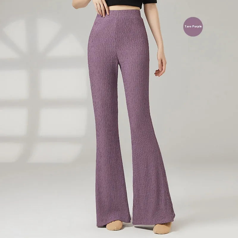 Women's solid colour classical dance practice pants in polyester fabric shown in beige apricot.
