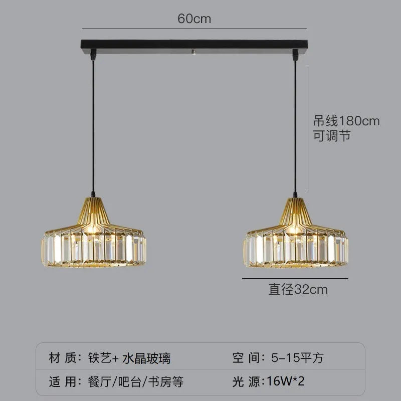 Modern crystal ceiling pendant lamp with LED lighting in gold finish showing crystal decorative elements