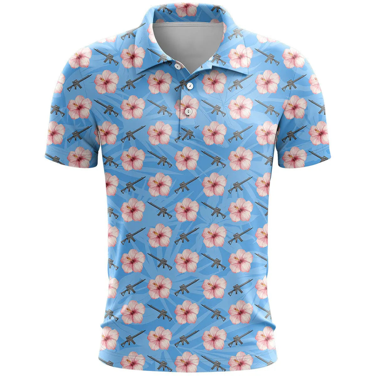 3D printed pattern sports short sleeve loose fit top in bird eye polyester fabric on a hanger.