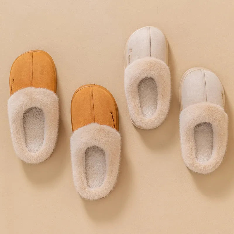 Fluffy winter slippers in gray with non-slip PVC sole, suitable for indoor home wear by men and women