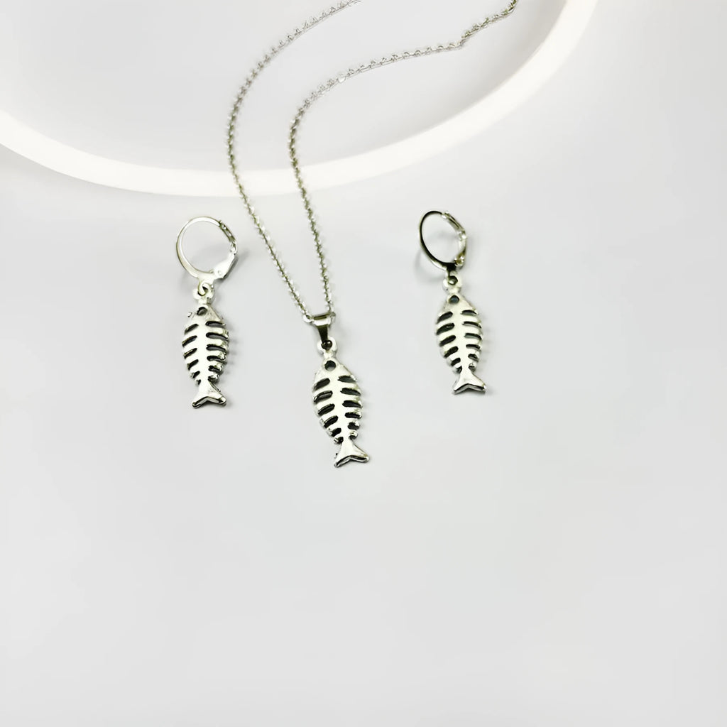 Fishbone pendant necklace and earrings set with adjustable length retro jewellery