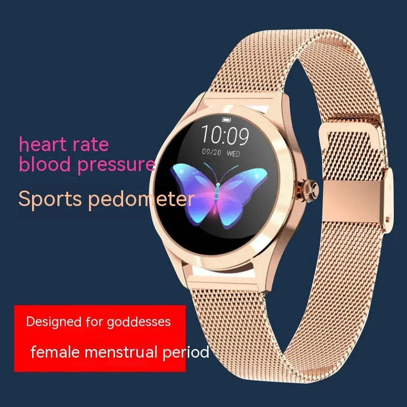 Women's sports smartwatch with heart rate monitoring on wrist showing black colour option