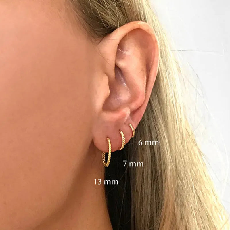 Sterling silver twisted string round ring earrings in gold or platinum colour with geometric hipster design