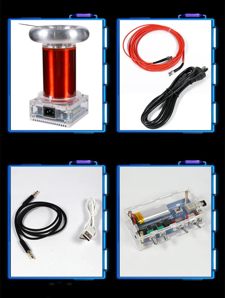 Musical Tesla coil driver board and controller unit with cables for high-voltage plasma arc demonstrations