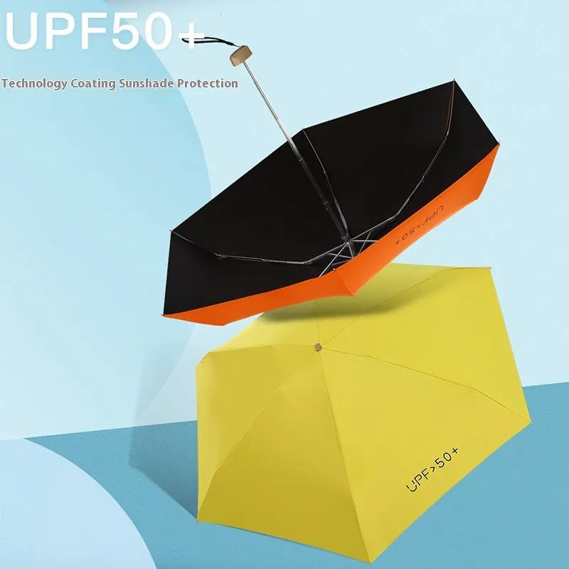 Compact folding sun umbrella shown open with 50cm diameter and closed in pocket-sized form