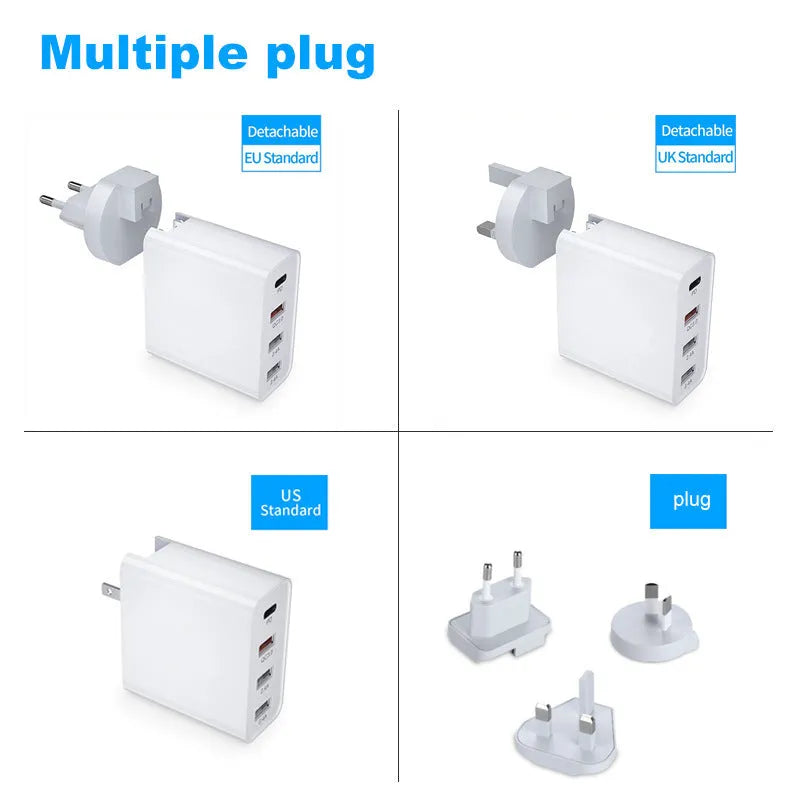 White multi-port fast charger with PD and QC support showing multiple USB ports.