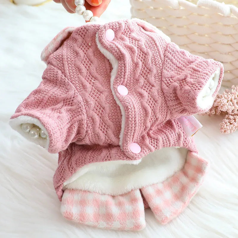 Blue wool plaid dog sweater with fleece lining shown on small dog, fake two-piece design