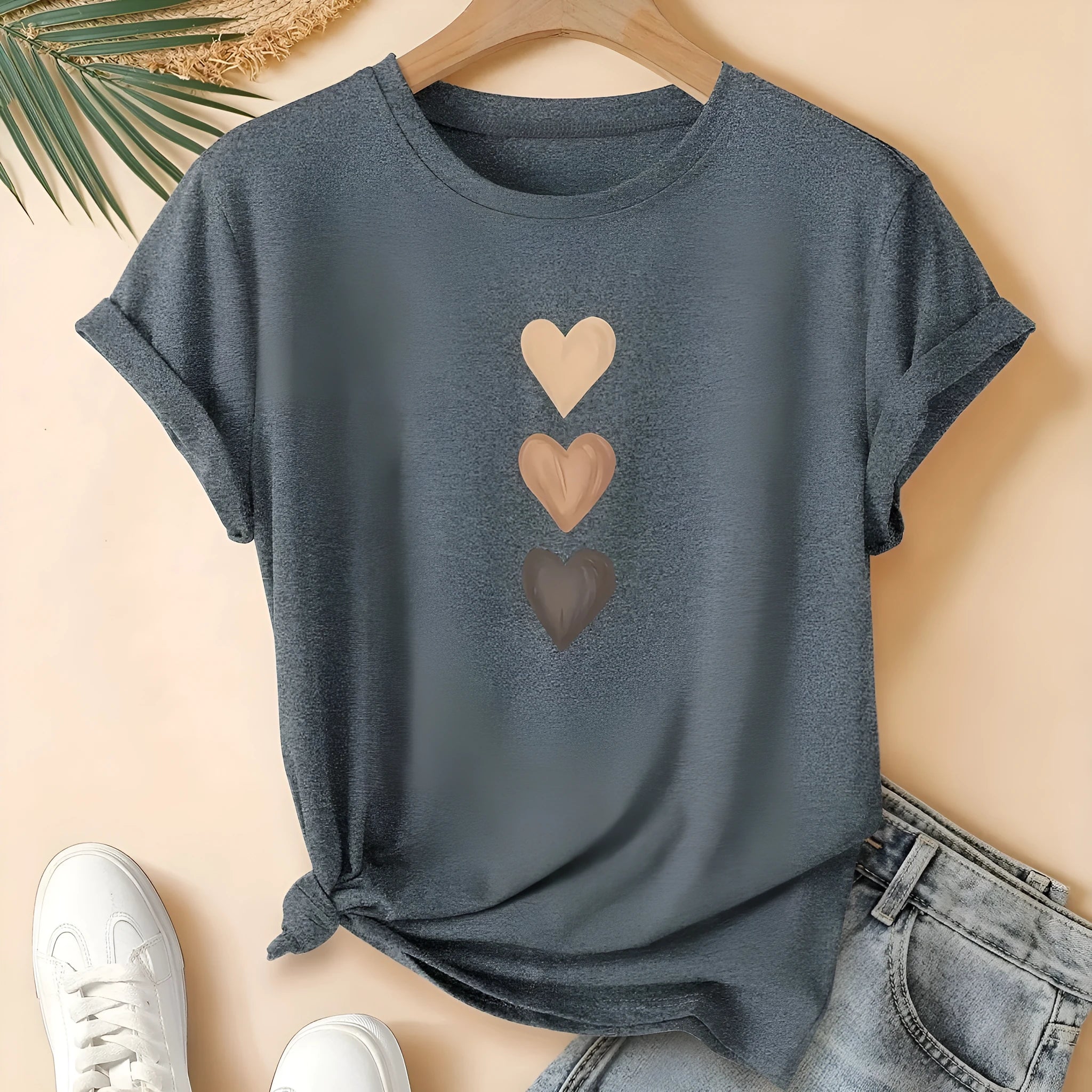 Women's pure cotton short sleeve t-shirt with a printed three-heart pattern in a Chinese retro style, shown in blue.