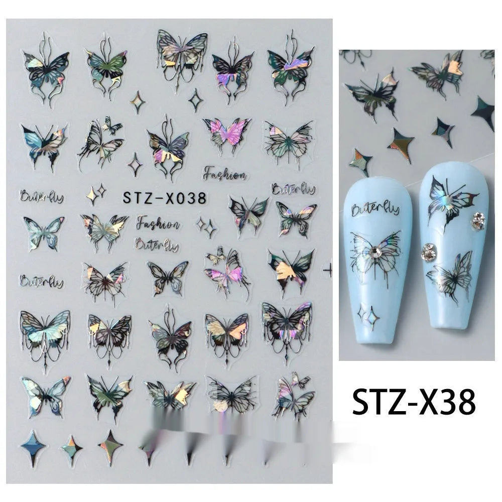 Sheet of black and silver stripe nail art stickers from a cartoon series for DIY manicures.