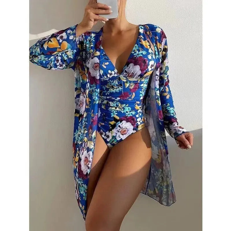 Women's floral print tight bikini and matching cover-up set in a choice of seven colours.