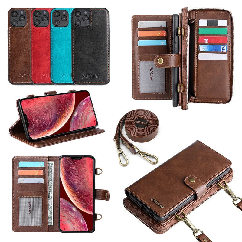 Detachable magnetic wallet phone case in black, blue, brown, or red colour options