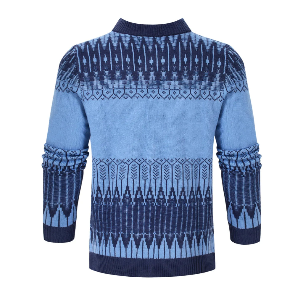 Men's grey knitted crew neck pullover sweater on a hanger.