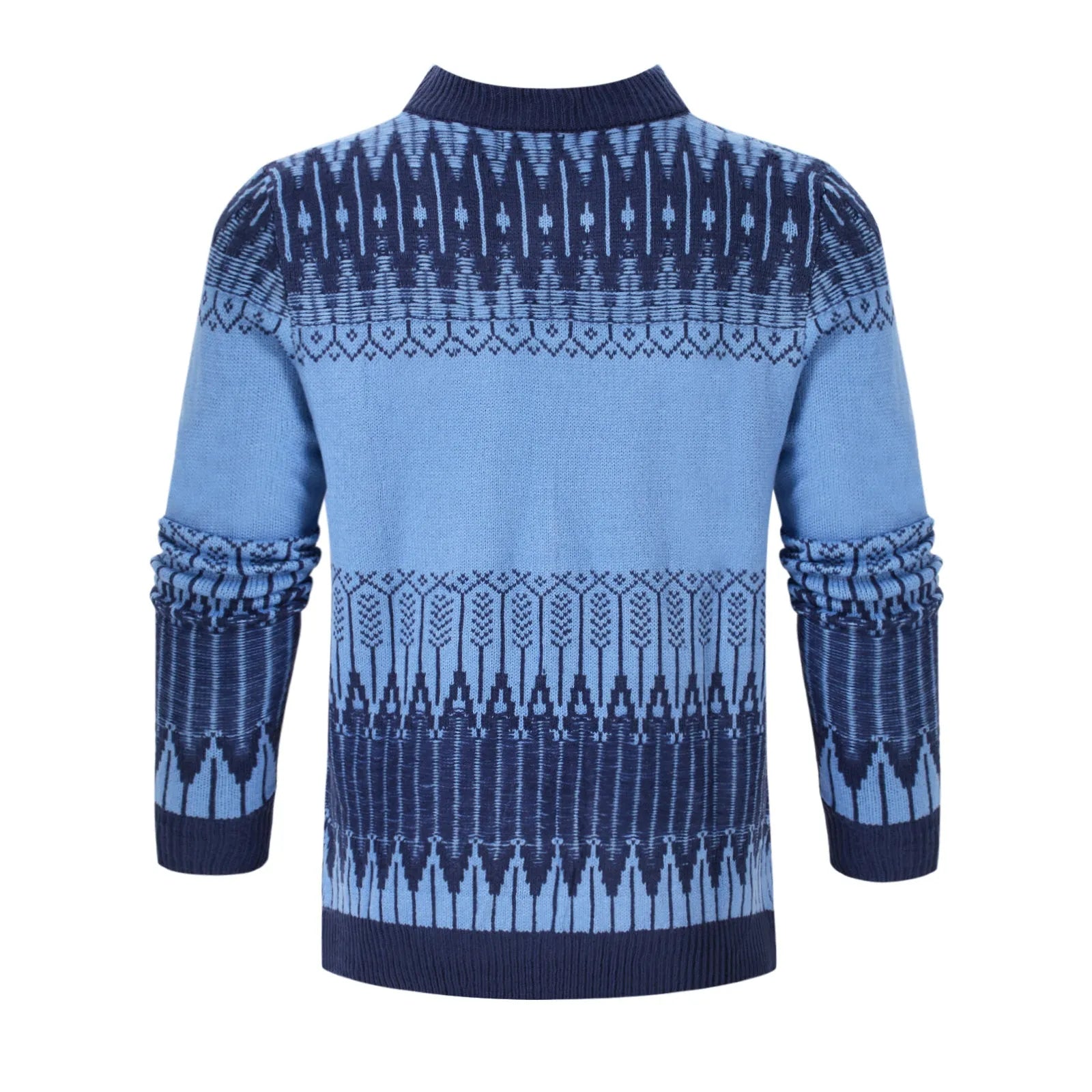 Men's grey knitted crew neck pullover sweater on a hanger.