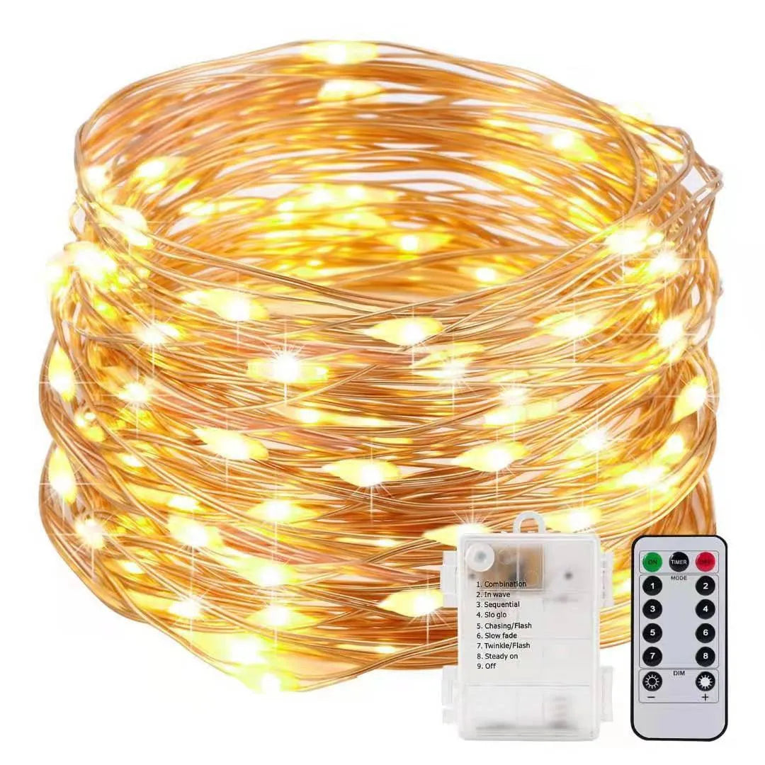 12 metre copper wire LED string lights with battery box and USB power option in various colours