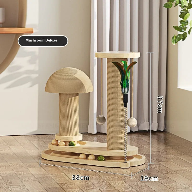 Solid wood cat scratching post with turntable and climbing frame in natural wood finish